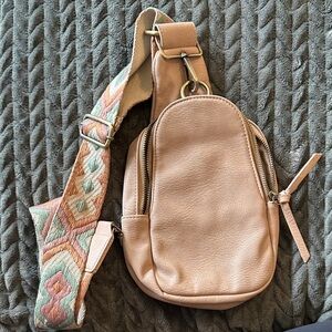 Anthropologie Tan Crossbody Bag with Patterned Strap